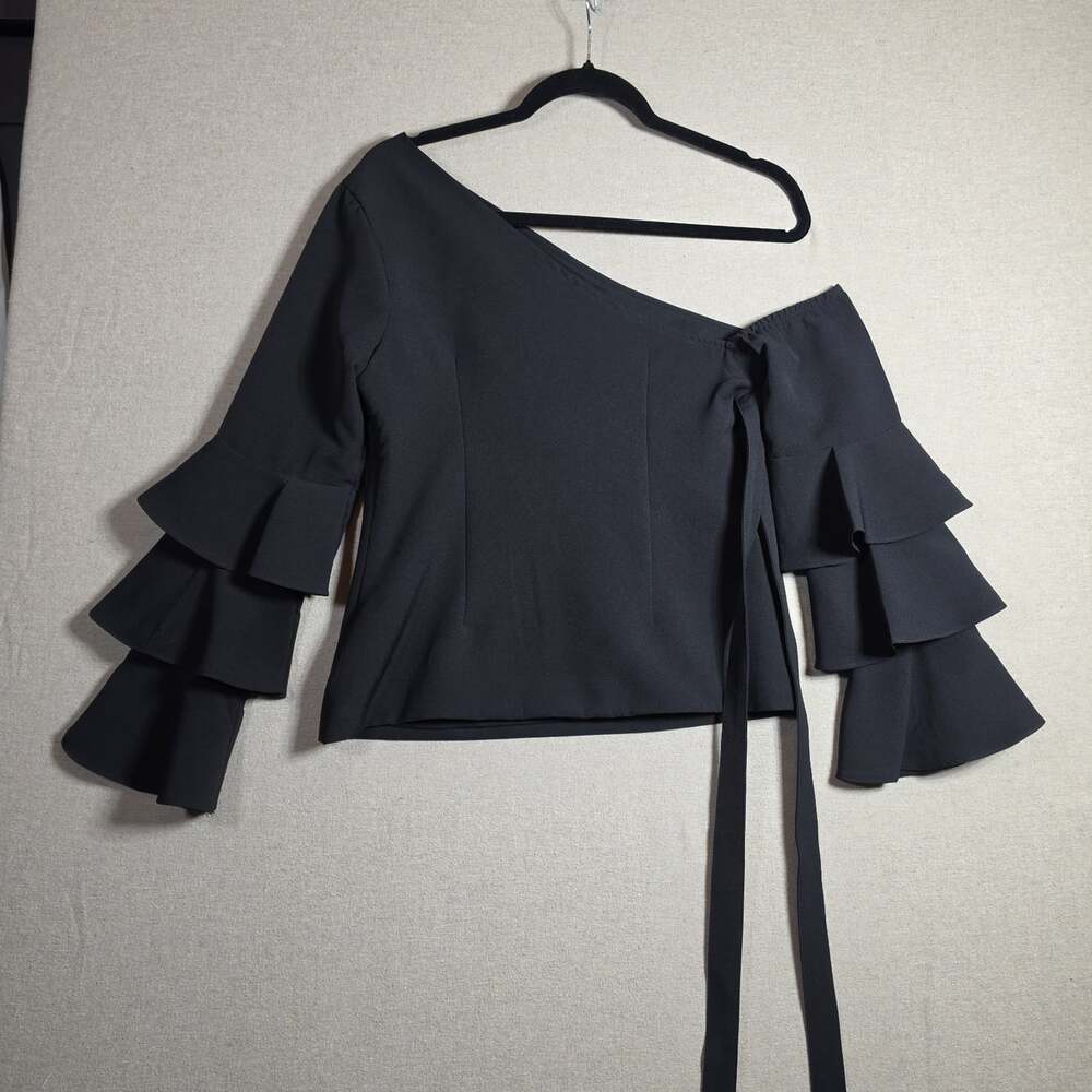 Venus Laci Ruffle Sleeve One Shoulder Tie Waist Blouse 4 Black Sexy Belted Top - Picture 8 of 14